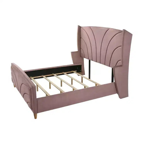90" Eastern King Bed Salonia Bed Pink Velvet - Acme Furniture: Tufted Upholstered Platform, Glossy Finish, Metal Frame