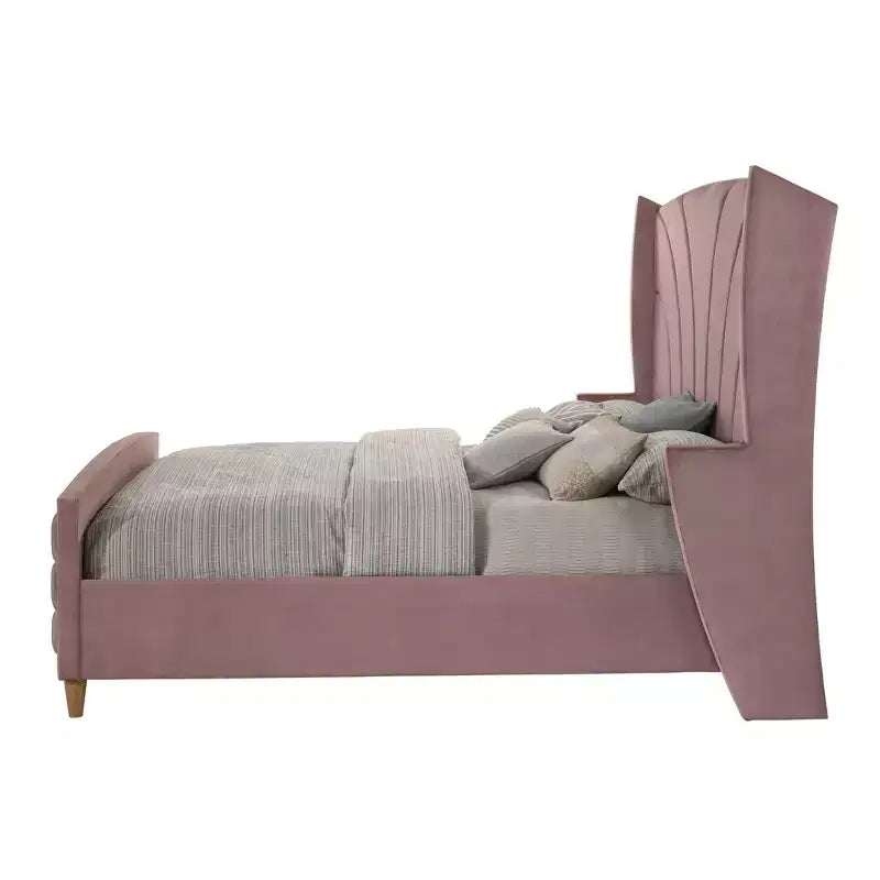 Lit king-size 90 po Salonia Rose Velours - Meubles Acme : Plateforme capitonnée, Finition brillante, Cadre en métal