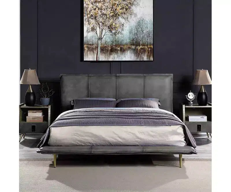 Lit Queen Size Métis 91" Cuir Pleine Fleur Gris - Acme Furniture : Style Industriel Moderne, Pieds en Métal, Rembourrage Moelleux