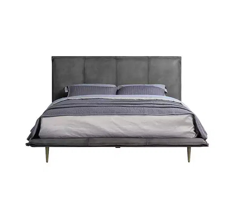 Lit Queen Size Métis 91" Cuir Pleine Fleur Gris - Acme Furniture : Style Industriel Moderne, Pieds en Métal, Rembourrage Moelleux