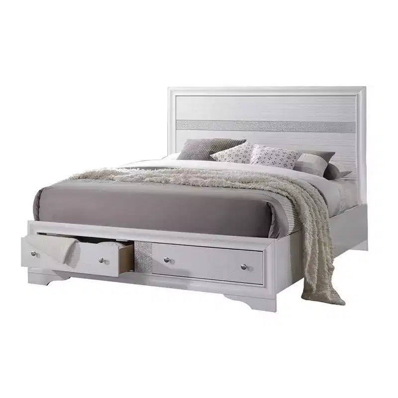 84" Queen Bed Naima Bed White - Acme Furniture: Contemporary Glossy Platform with Built-In Storage