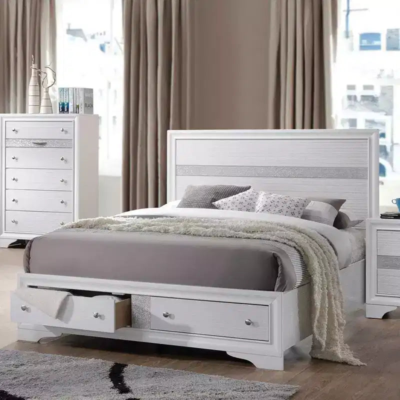 Lit Queen Naima de 84 po blanc - Acme Furniture : Plateforme contemporaine brillante avec rangement intégré