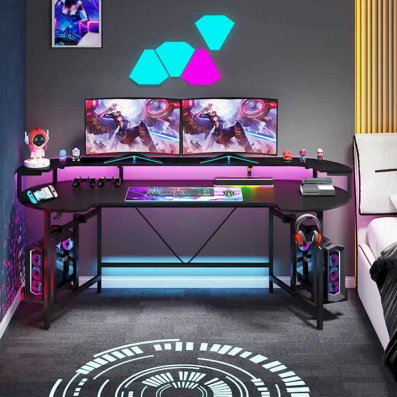 Bureau de gaming avec étagère pour moniteur, bureau d'ordinateur de 75 pouces avec bande LED