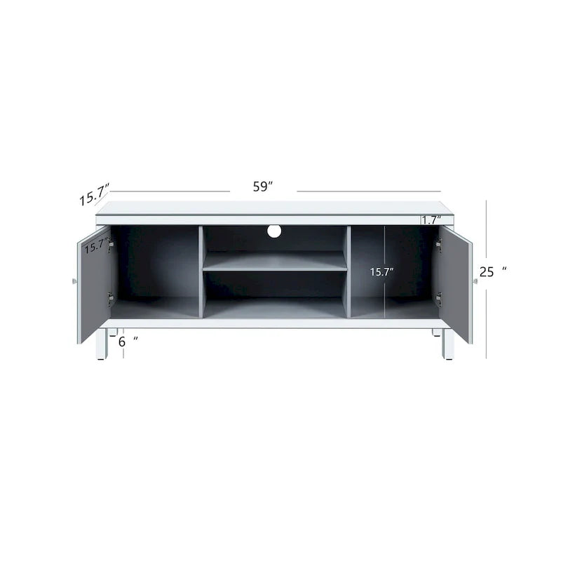 Meuble TV de 150 cm avec portes miroir en losange et rangement pour téléviseurs jusqu'à 65 pouces