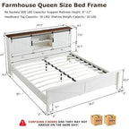 Lit queen size de style campagnard avec étagères de rangement et station de charge