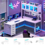 Bureau Gamer en L, Bureau d'Ordinateur avec Panneau Perforé, 5 Tiroirs et Étagère de Rangement
