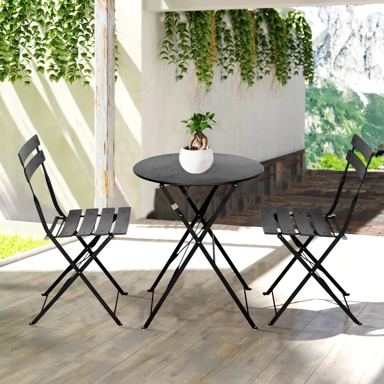 Ensemble bistrot pliant en métal 3 pièces, salon de conversation intérieur/extérieur résistant aux intempéries pour patio, cour, jardin