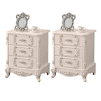Table de chevet traditionnelle en bois blanc sculpté à 3 tiroirs