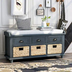 Banc de rangement rustique avec 3 tiroirs et 3 paniers en rotin, banc à chaussures pour salon, entrée