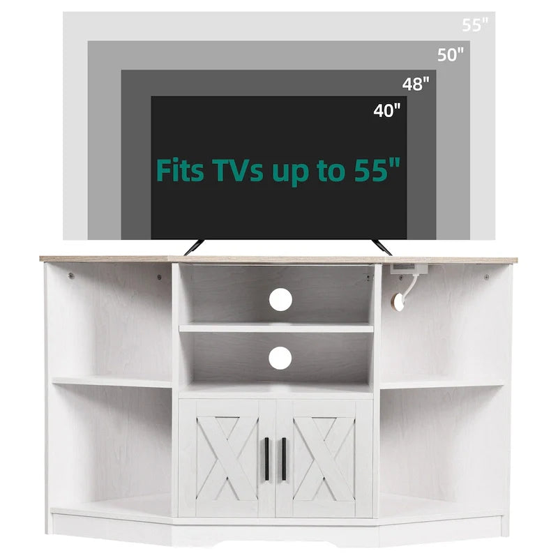 Meuble TV d'angle de ferme, meuble multimédia avec prise de courant pour téléviseurs jusqu'à 55 pouces