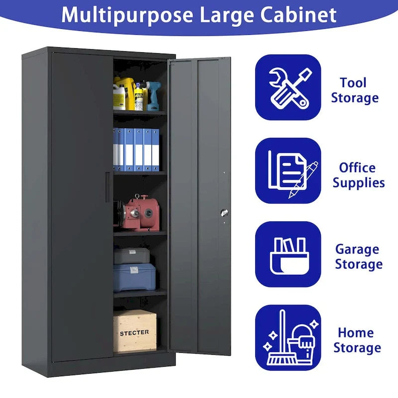 Armoire de rangement de garage en métal 72H, armoire de rangement noire en acier avec portes et 4 étagères