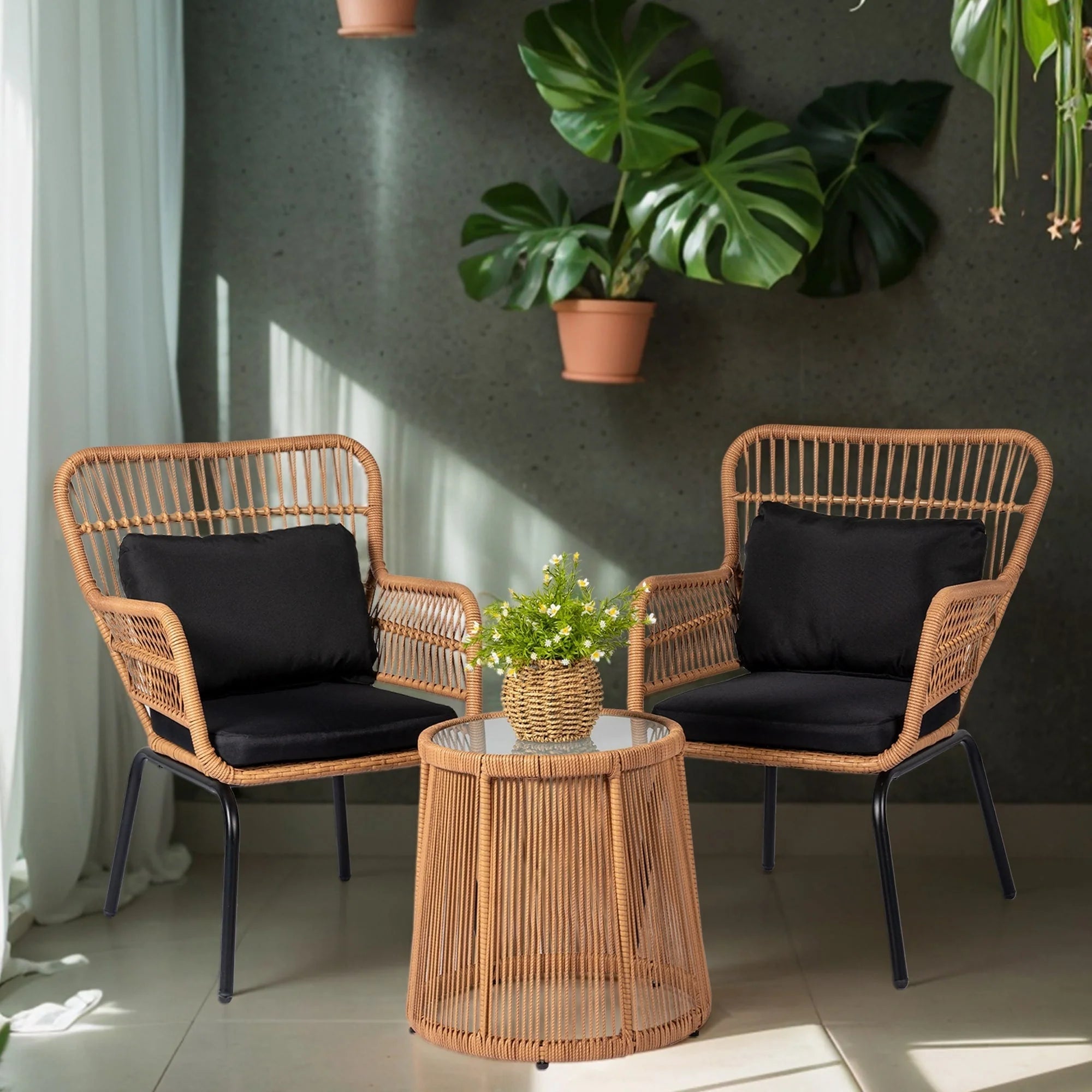 Ensemble bistrot 3 pièces en osier pour conversation, salon de jardin en rotin résistant aux intempéries avec coussins