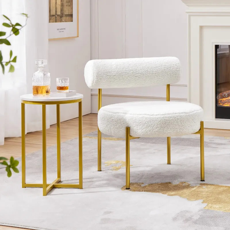 Chaise d'appoint Yaheetech avec pieds en métal doré et assise ronde rembourrée, blanc - 252326