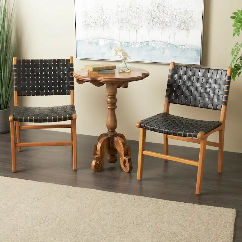Chaises de salle à manger tressées faites à la main en cuir avec cadre en bois de teck - Lot de 2 Marron, Blanc ou Noir - Roche River Decor