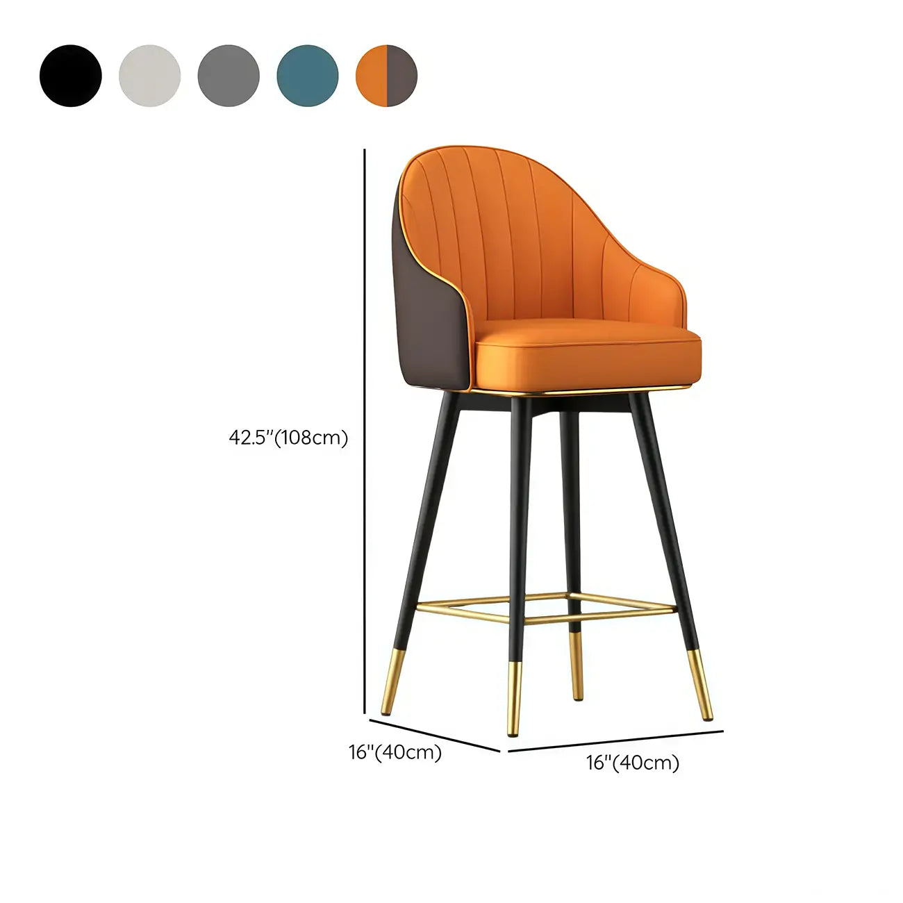 Tabouret de bar Art Déco pivotant en cuir avec dossier et assise rembourrés