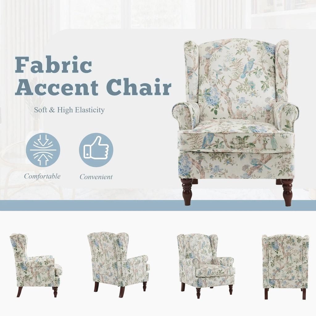 Fauteuil d'appoint moderne Erommy, fauteuil à dossier haut, canapé simple en tissu rembourré avec boutons et pieds en bois pour salon