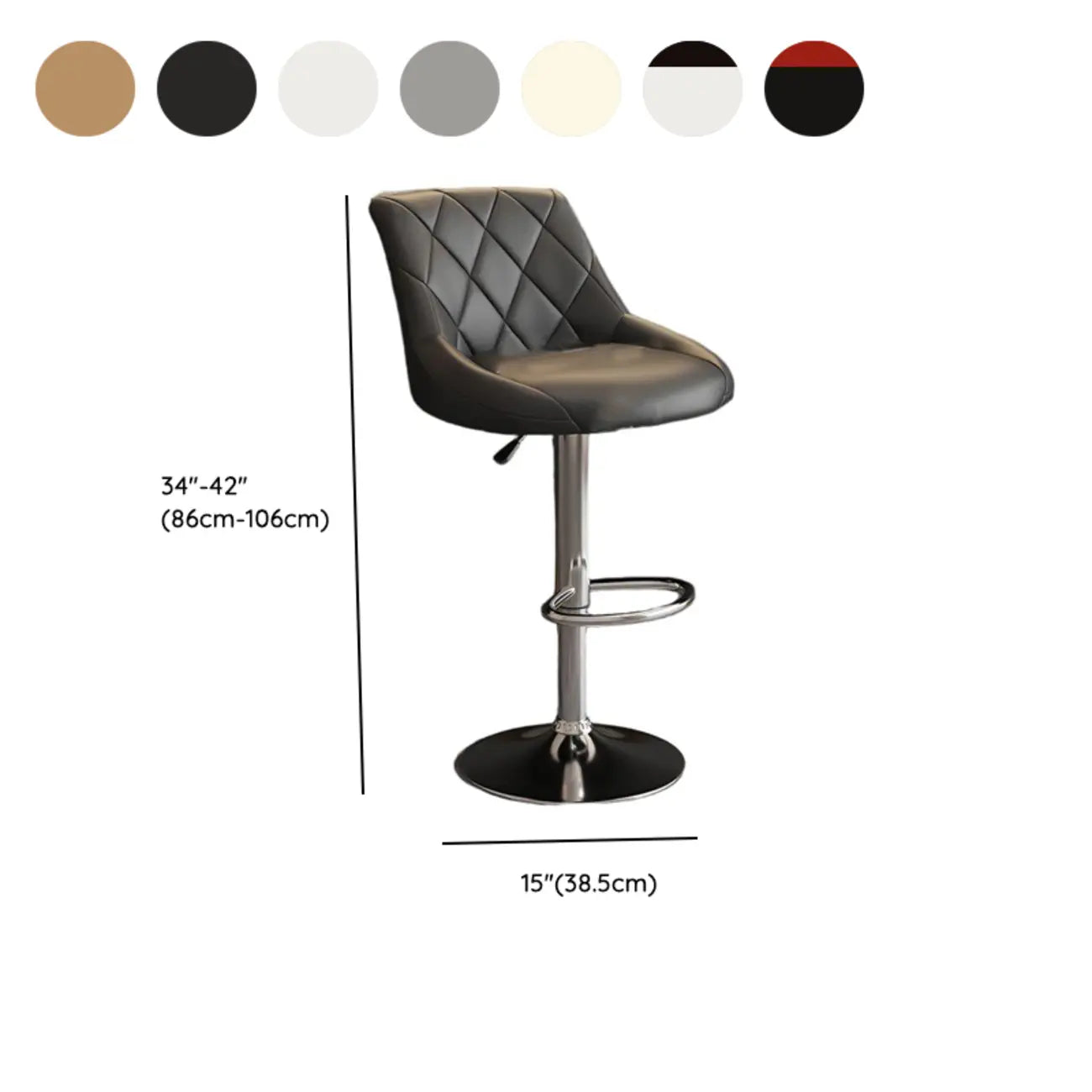 Tabouret de bar pivotant, capitonné en losanges, réglable, cuir PU noir et rouge