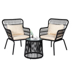 Ensemble bistrot 3 pièces en osier pour conversation, salon de jardin en rotin résistant aux intempéries avec coussins