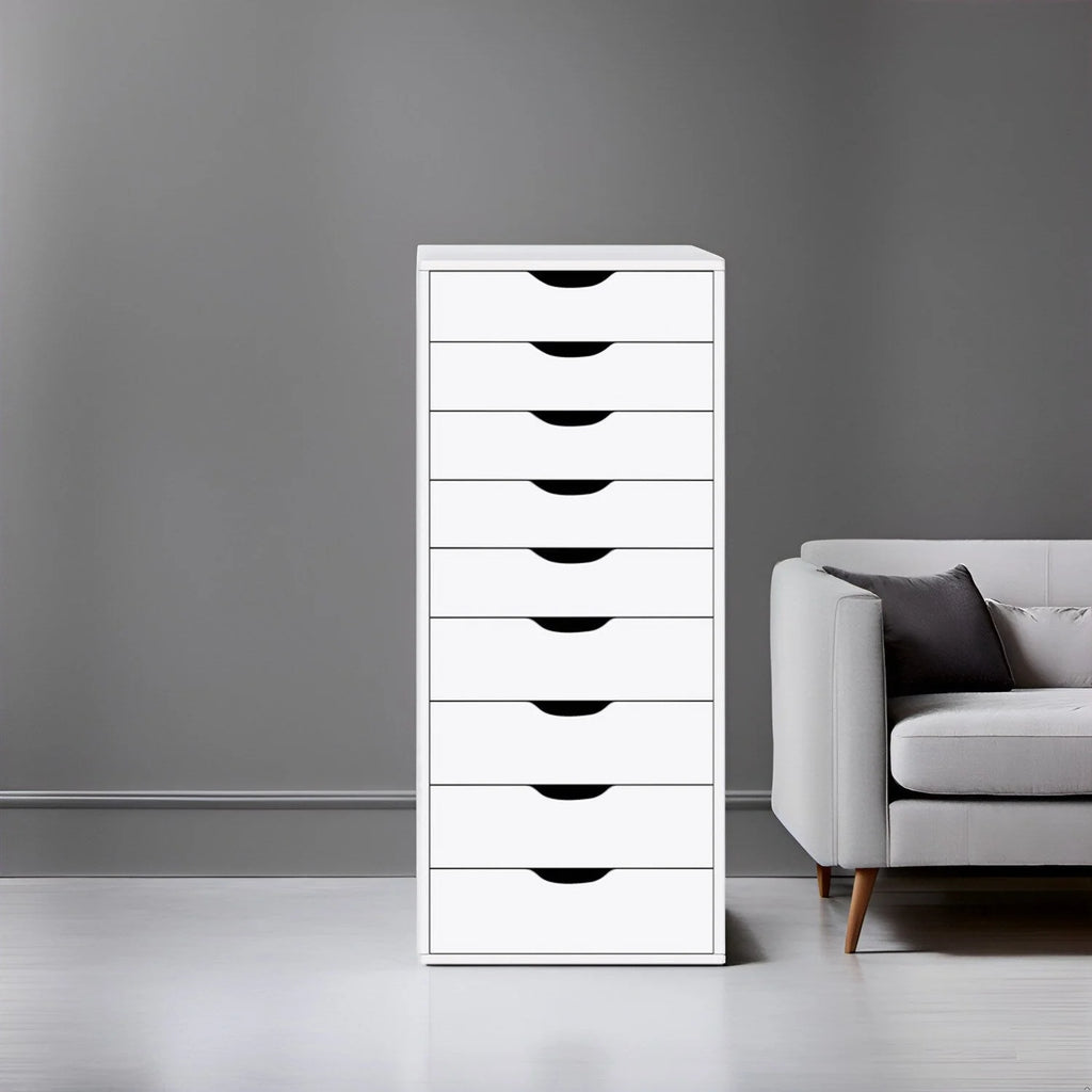 Étroite commode en bois à 9 tiroirs coulissants et étagère de rangement supérieure