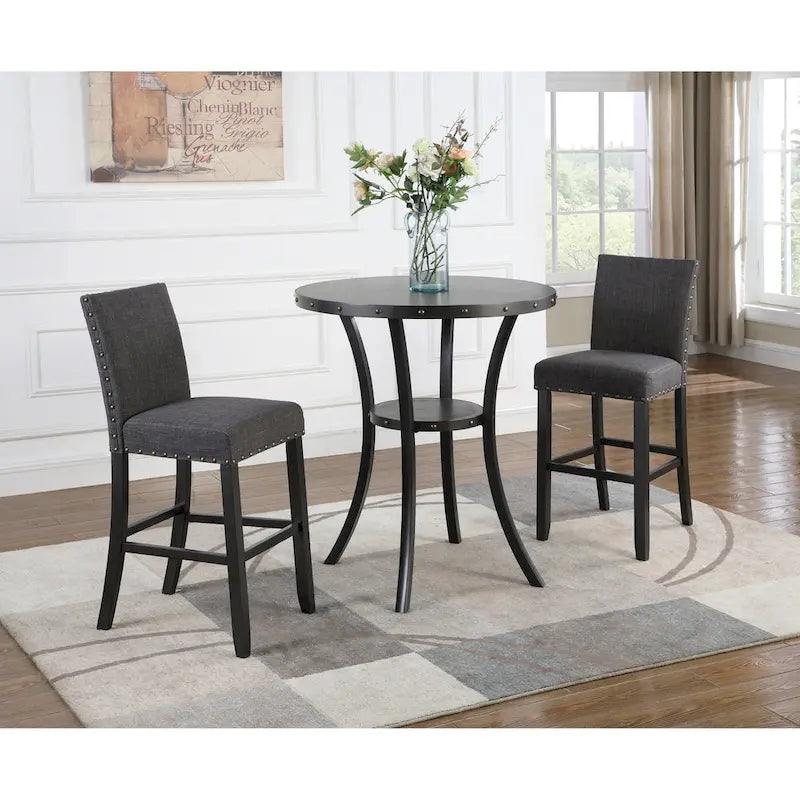 Ensemble de salle à manger moderne 3 pièces avec table de bar ronde et 2 chaises de pub cloutées