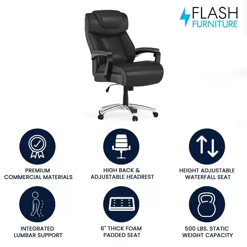 Fauteuil de bureau ergonomique pivotant en LeatherSoft, série HERCULES, de Flash Furniture, pour personnes de grande taille, capacité de 227 kg, avec appuie-tête réglable en hauteur
