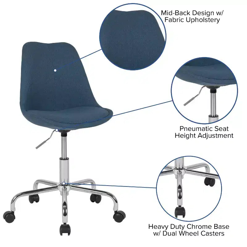 Chaise de bureau pivotante ergonomique en tissu à dossier mi-hauteur avec vérin pneumatique et piètement chromé Flash Furniture Aurora