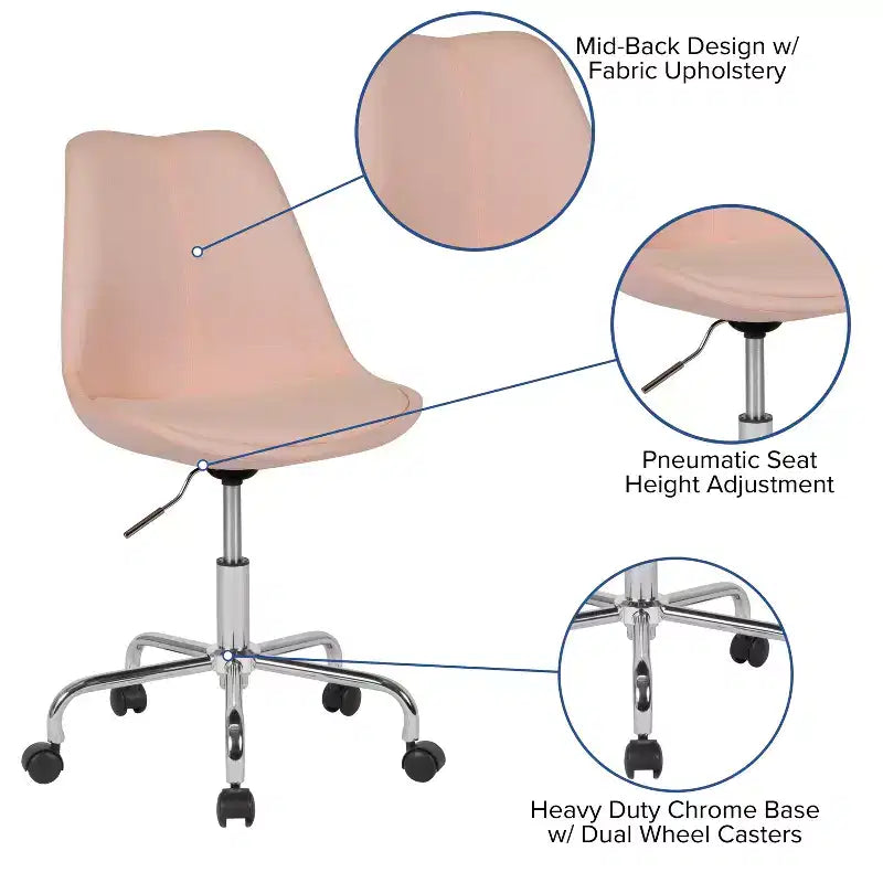 Chaise de bureau pivotante ergonomique en tissu à dossier mi-hauteur avec vérin pneumatique et piètement chromé Flash Furniture Aurora