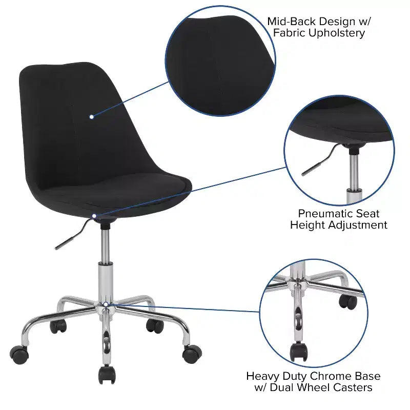 Chaise de bureau pivotante ergonomique en tissu à dossier mi-hauteur avec vérin pneumatique et piètement chromé Flash Furniture Aurora