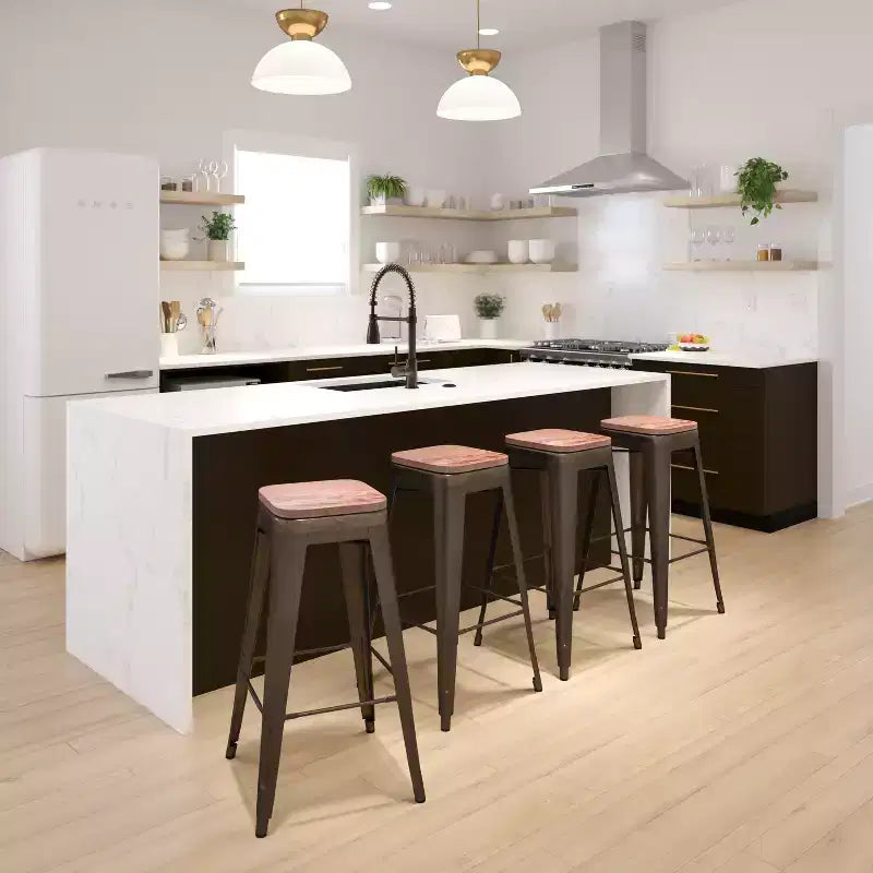 Tabouret de bar d'intérieur en métal de 76 cm de hauteur avec assise en bois, de la marque Flash Furniture - Lot de 4 empilables
