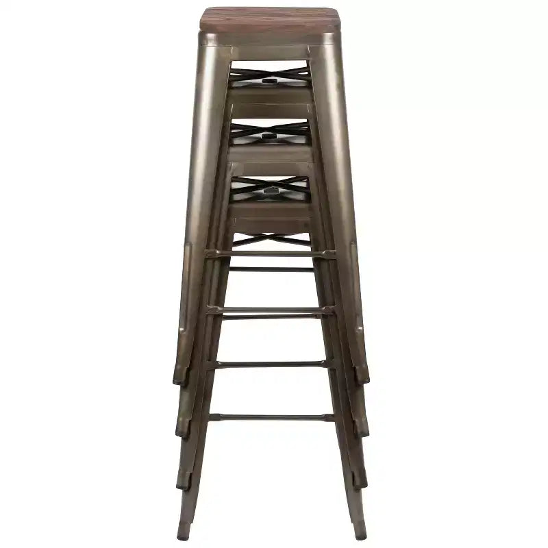 Tabouret de bar d'intérieur en métal de 76 cm de hauteur avec assise en bois, de la marque Flash Furniture - Lot de 4 empilables