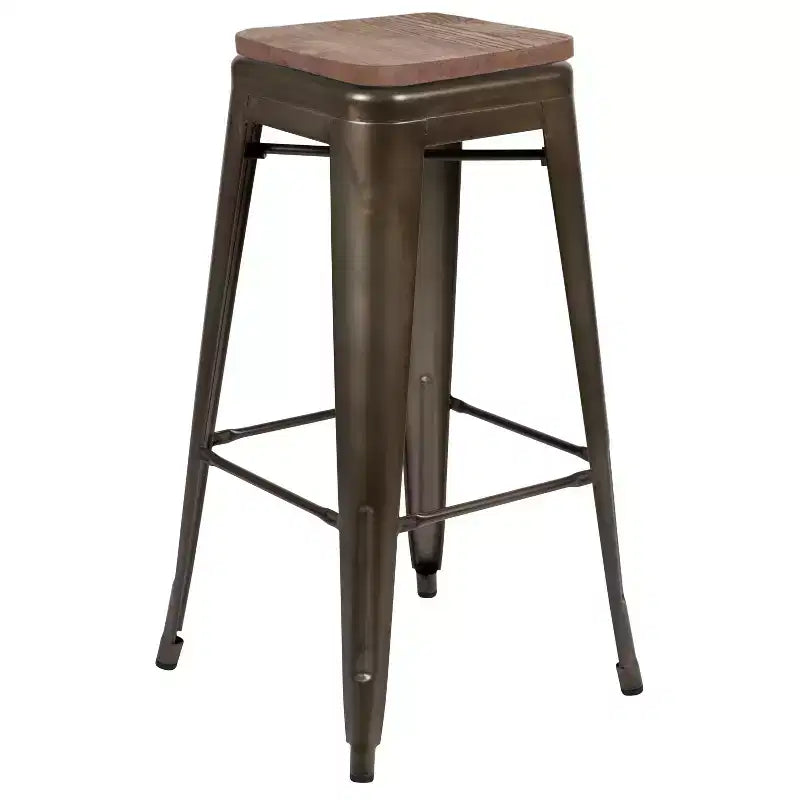 Tabouret de bar d'intérieur en métal de 76 cm de hauteur avec assise en bois, de la marque Flash Furniture - Lot de 4 empilables