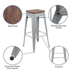 Tabouret de bar d'intérieur en métal de 76 cm de hauteur avec assise en bois, de la marque Flash Furniture - Lot de 4 empilables