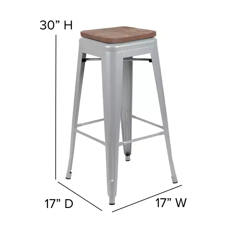 Tabouret de bar d'intérieur en métal de 76 cm de hauteur avec assise en bois, de la marque Flash Furniture - Lot de 4 empilables