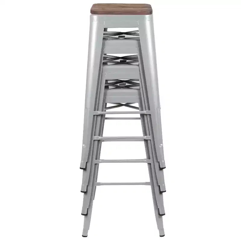 Tabouret de bar d'intérieur en métal de 76 cm de hauteur avec assise en bois, de la marque Flash Furniture - Lot de 4 empilables