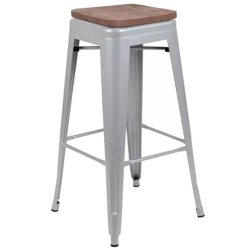 Tabouret de bar d'intérieur en métal de 76 cm de hauteur avec assise en bois, de la marque Flash Furniture - Lot de 4 empilables