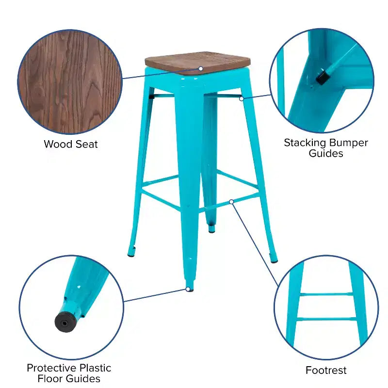 Tabouret de bar d'intérieur en métal de 76 cm de hauteur avec assise en bois, de la marque Flash Furniture - Lot de 4 empilables