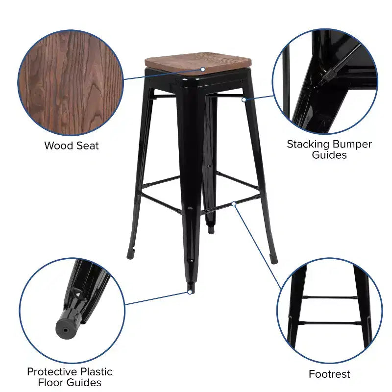 Tabouret de bar d'intérieur en métal de 76 cm de hauteur avec assise en bois, de la marque Flash Furniture - Lot de 4 empilables
