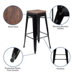 Tabouret de bar d'intérieur en métal de 76 cm de hauteur avec assise en bois, de la marque Flash Furniture - Lot de 4 empilables