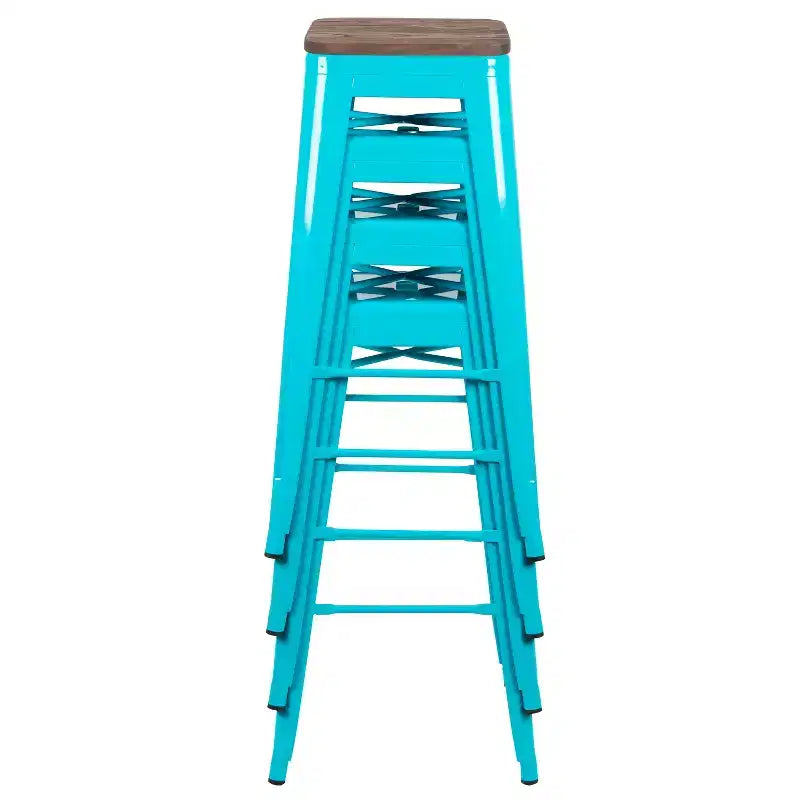 Tabouret de bar d'intérieur en métal de 76 cm de hauteur avec assise en bois, de la marque Flash Furniture - Lot de 4 empilables