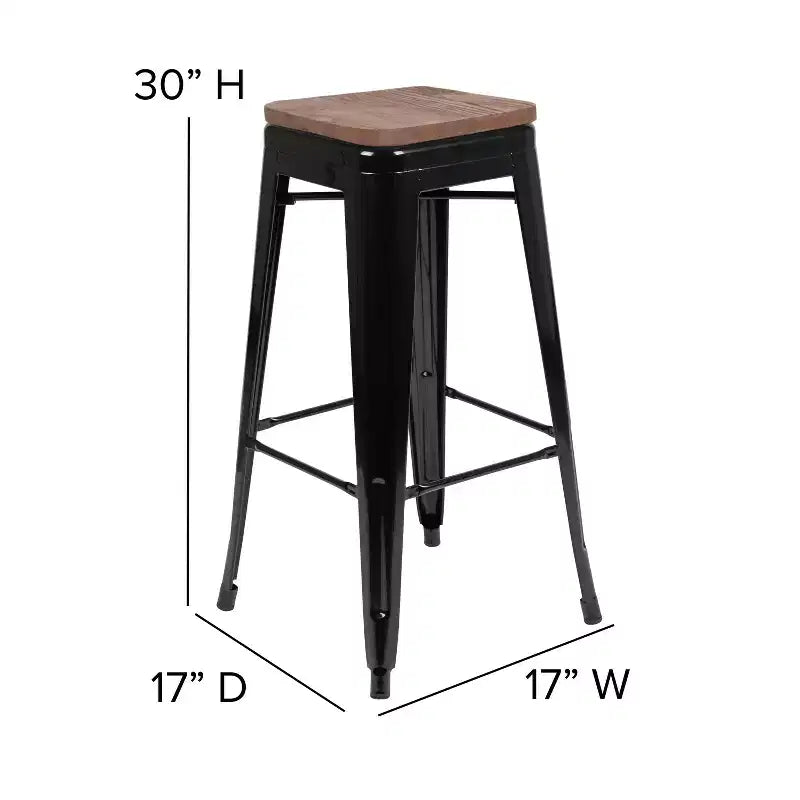 Tabouret de bar d'intérieur en métal de 76 cm de hauteur avec assise en bois, de la marque Flash Furniture - Lot de 4 empilables