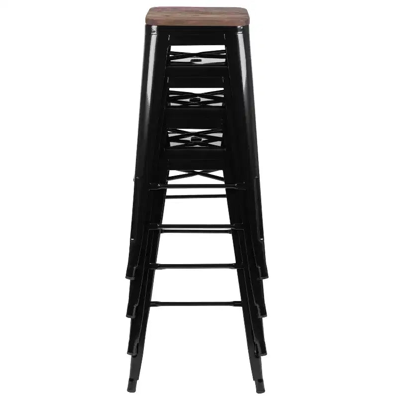 Tabouret de bar d'intérieur en métal de 76 cm de hauteur avec assise en bois, de la marque Flash Furniture - Lot de 4 empilables