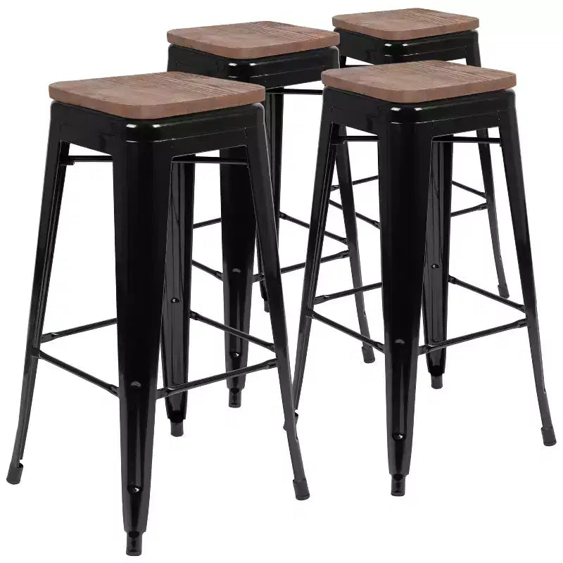 Tabouret de bar d'intérieur en métal de 76 cm de hauteur avec assise en bois, de la marque Flash Furniture - Lot de 4 empilables
