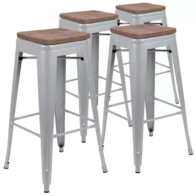Tabouret de bar d'intérieur en métal de 76 cm de hauteur avec assise en bois, de la marque Flash Furniture - Lot de 4 empilables