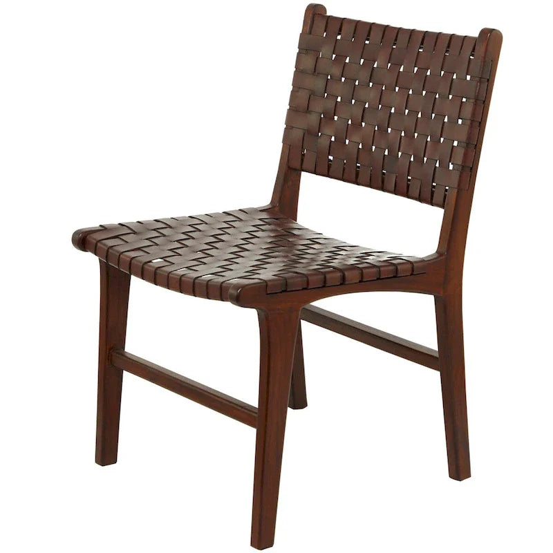 Chaises de salle à manger tressées faites à la main en cuir avec cadre en bois de teck - Lot de 2 Marron, Blanc ou Noir - Roche River Decor
