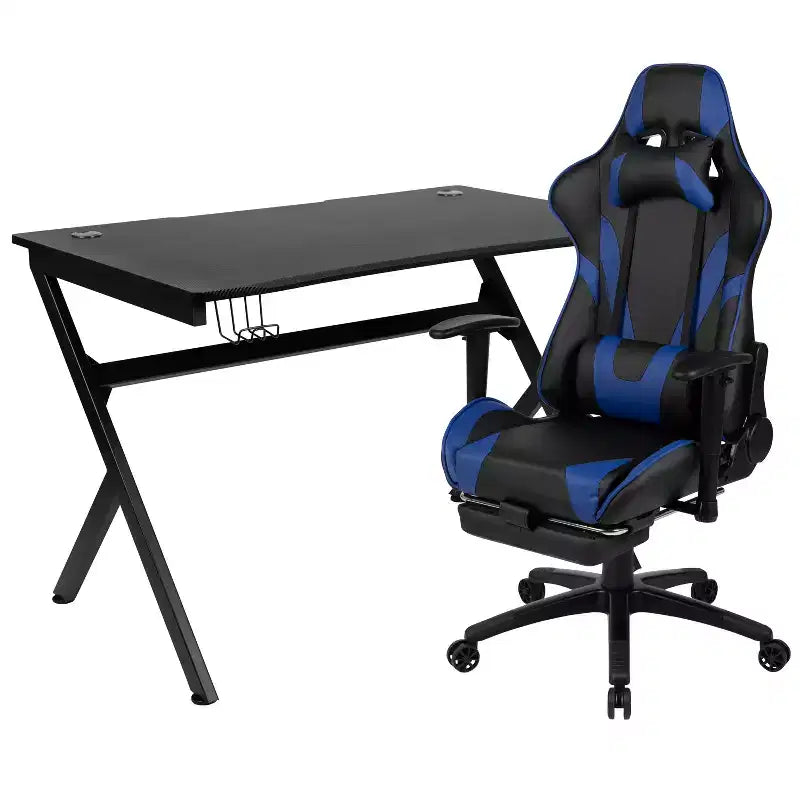 Emma and Oliver Gaming Desk Set - Cup/Headset Holder/Reclining & Footrest