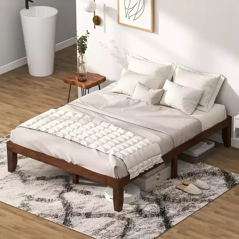 Cadre de lit en bois Costway Queen Size 14 po avec plate-forme à matelas et lattes de support en bois EspressoNaturel