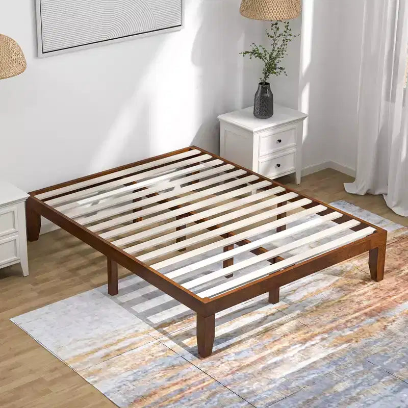 Cadre de lit en bois Costway Queen Size 14 po avec plate-forme à matelas et lattes de support en bois EspressoNaturel