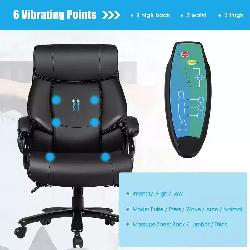 Chaise de Bureau Grande Taille Costway 500 livres avec Massage 6 Points, Siège Large et Accoudoirs Rembourrés