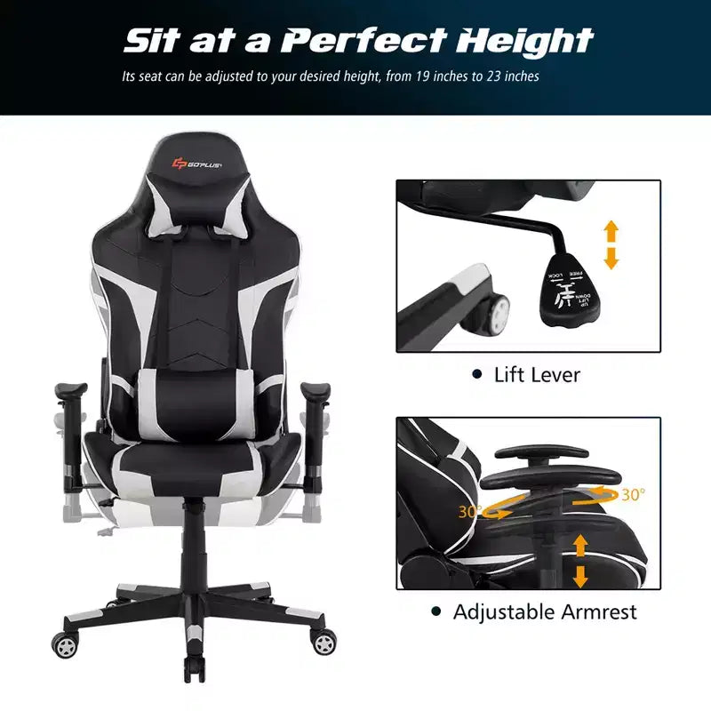 Chaise de bureau de jeu de massage inclinable et pivotante Costway avec support lombaire