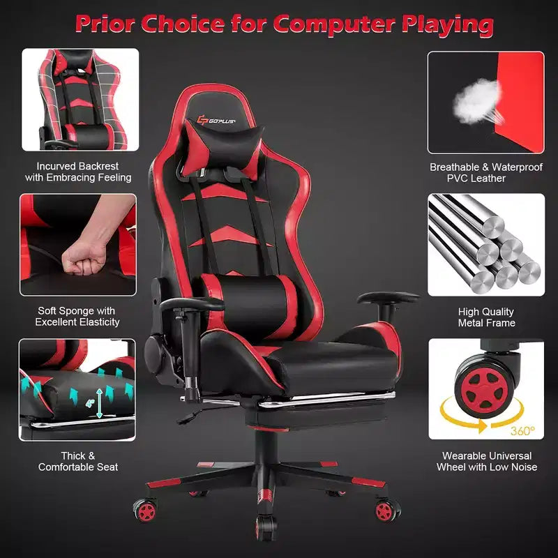 Chaise de bureau de massage gamer inclinable et pivotante Costway Racing avec repose-pieds